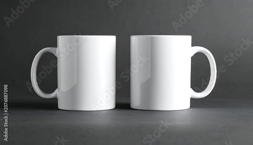 Two white ceramic mugs on a dark background, perfect for branding mockups and product presentation