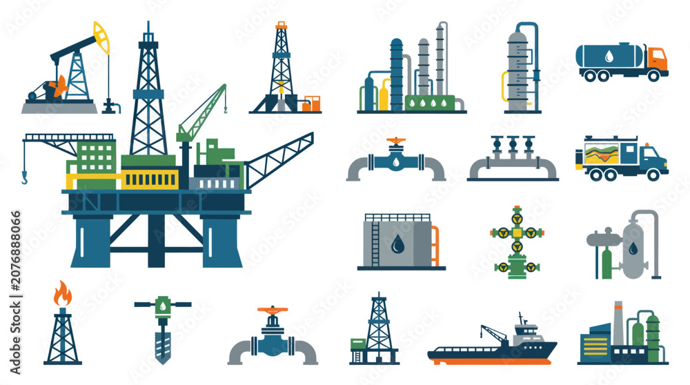 Fototapeta premium Oil and Gas Industry Flat Design Vector Icons Set: Petroleum Production, Energy and Fuel Elements