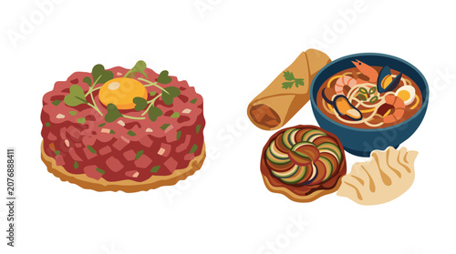 Foto Collection of French modern bistro fusion including steak tartare revisité, duck confit spring roll, bouillabaisse ramen bowl, ratatouille tart tatin, coq au vin dumpling