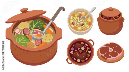 Tableau sur toile Collection of French rustic peasant including potée auvergnate stew, garbure gasconne soup, daube avignonnaise pot, civet de lapin, middle of lamb shoulder