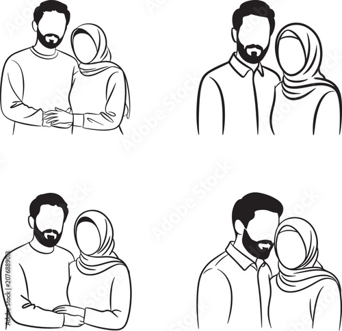 Abstract minimalist line art drawings of a happy Muslim couple embracing and standing together showcasing affection