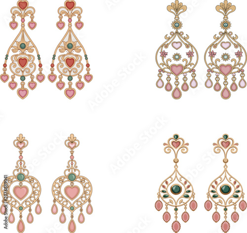 Collection of intricate vintage style dangle earrings with heart and teardrop gems perfect for elegant fashion