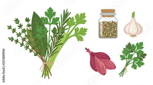 Fotografi Collection of French herb and aromatics including bouquet garni bundle, herbes de provence jar, ail frais bulb, échalote shallot cluster, persil plat bunch