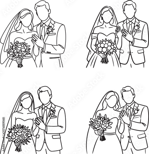Elegant minimalist line art depicting happy brides and grooms ready for their matrimonial ceremony and celebration
