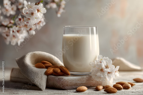 Milk in a glass near raw almonds and cherry blossoms placed on a wooden board during bright daylight hours