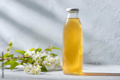 Clear glass bottle filled with liquid beside white flowers on a wooden surface