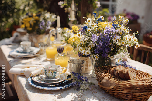 Flowers and drinks on a table set for a gathering in a backyard during a sunny afternoon