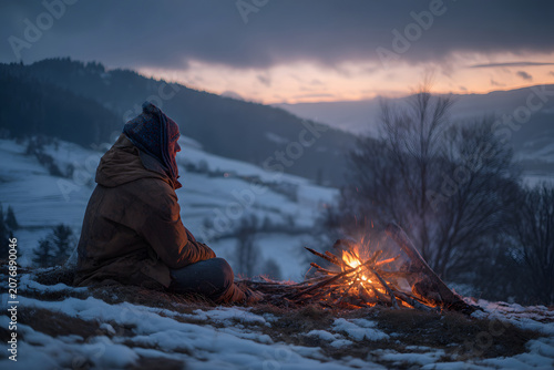 Person sits by a fire in snow-covered area with mountains and trees at dusk