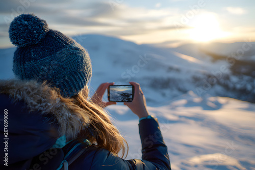 Person takes picture of sunset on snowy mountain in winter with phone from a high vantage point