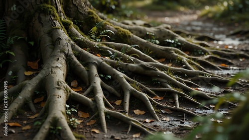 Tree roots growing out of the ground with moss and leaves  roots spread out on forest floor