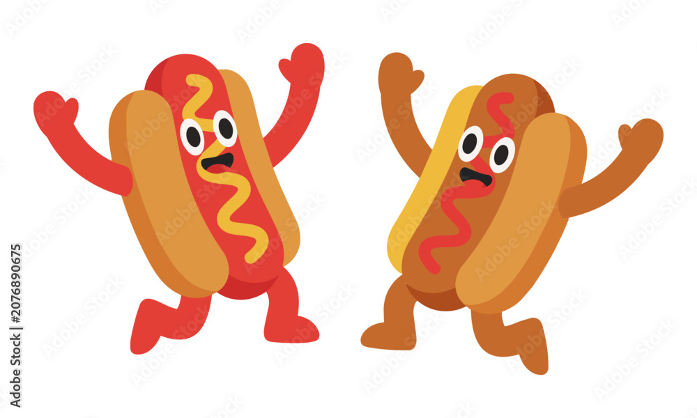 Fototapeta premium Two cheerful hot dog mascots jumping with happy expressions and arms waving in a flat minimalist style food character design