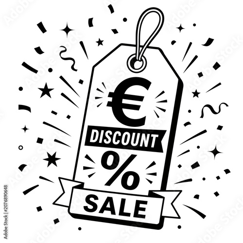 Euro discount tag with confetti and sunburst