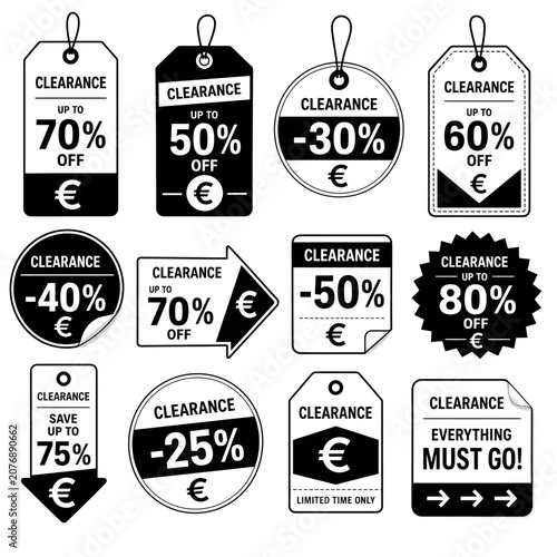 Collection of various clearance sale tags with percentage discounts and euro symbols. Tags show CLEARANCE and discount percentages up to 70% off and EVERYTHING MUST GO!