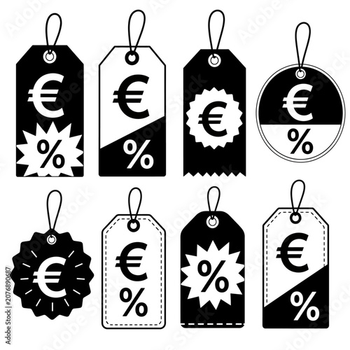 A collection of eight price tags, each featuring a euro symbol and a percentage sign, displayed in various designs and shapes