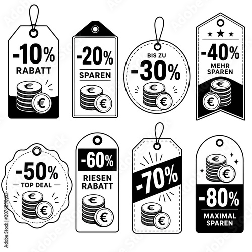 A collection of eight sale tags with different discount percentages, featuring stacked coins with euro symbols