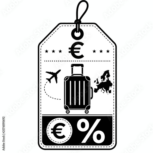Travel tag with a suitcase, airplane, euro symbol and a map of Europe, advertising a travel deal or discount