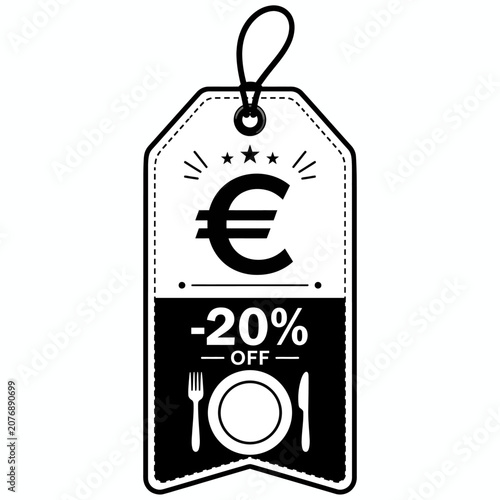 Euro 20% off tag for dining, featuring a fork, knife, and plate illustration