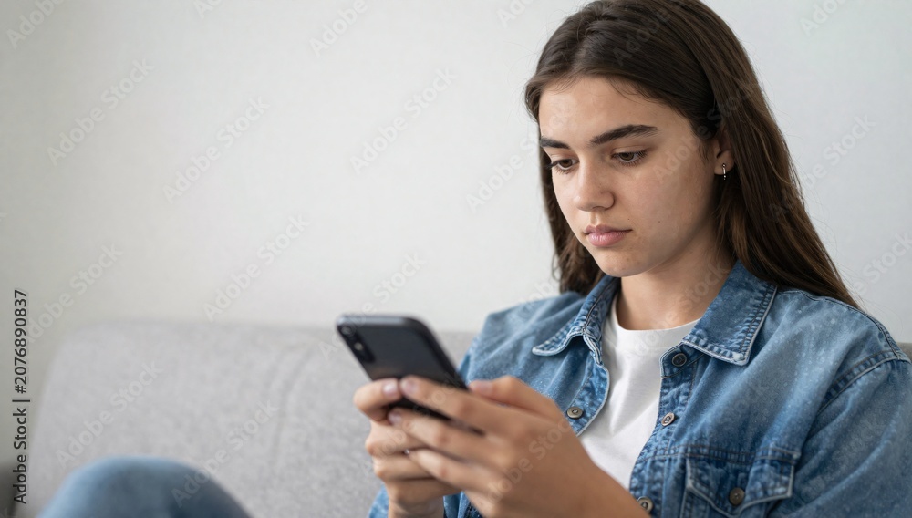Naklejka premium Young woman using smartphone while sitting on a sofa at home