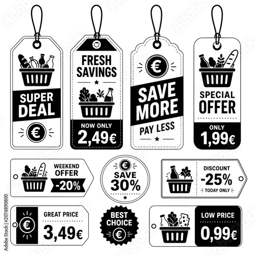 Collection of retail sale tags and labels for promotions and discounts. Several tags showcase shopping baskets filled with groceries, indicating special offers and deals, such as Super Deal.