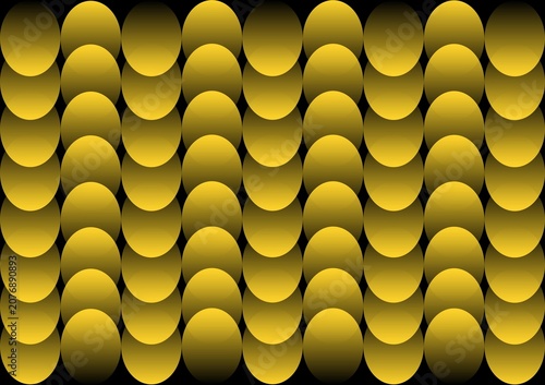 Golden yellow oval shapes repeating seamless pattern on black background, retro metallic tile design.