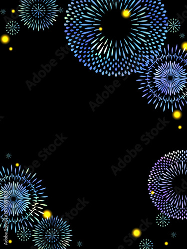 青色の花火の幻想的なイラスト背景・フレーム型素材