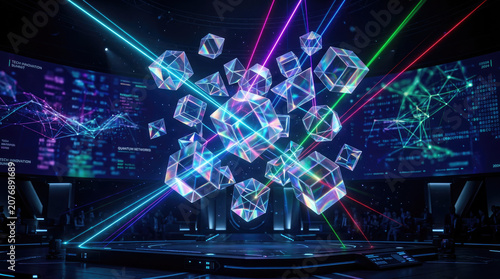 Futuristic digital environment featuring levitating glowing glass geometric cubes illuminated by vivid laser beams and complex data visualization interfaces