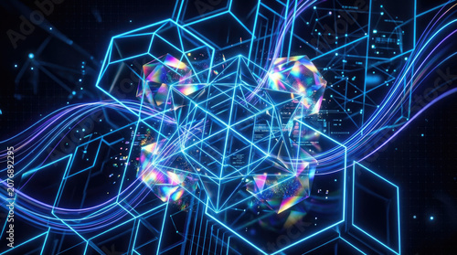 Futuristic abstract digital background with glowing neon blue geometric grids floating iridescent crystals and dynamic flowing holographic light lines