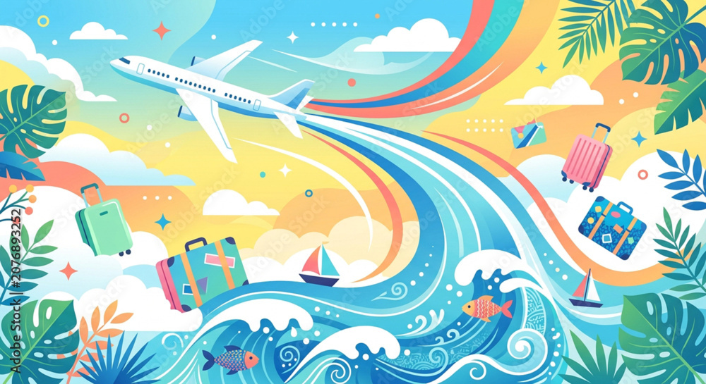 Naklejka premium Vibrant travel, transportation icons, summer vacation, tropical getaway, vector illustrations