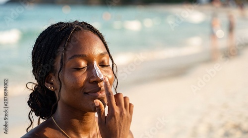 Young African American woman applying sunscreen on her nose at the beach