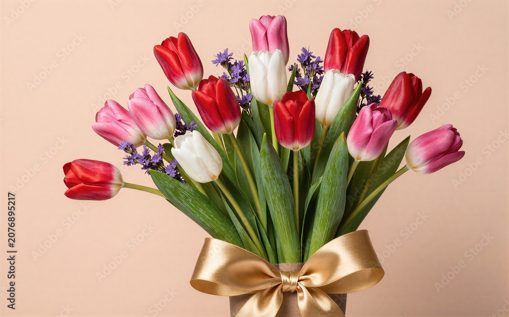 Fototapeta premium Vibrant tulips in red, pink, and white bloom with a golden bow against soft peach background.