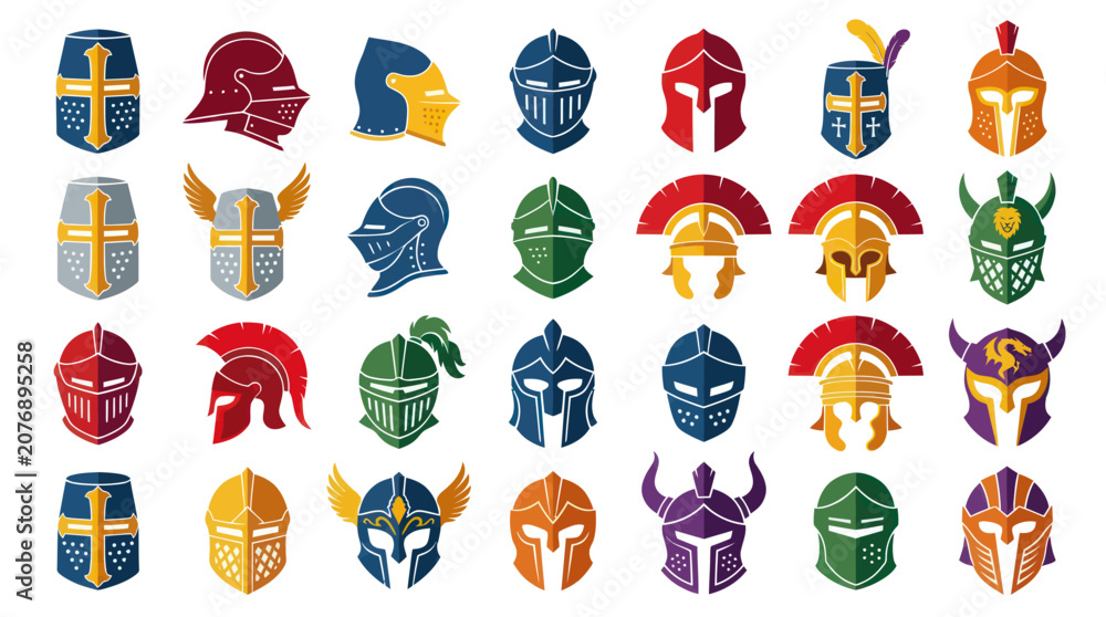 Fototapeta premium Flat Vector Icons Set of Knight Helmets and Ancient Warrior Armor for Medieval History and Fantasy Design