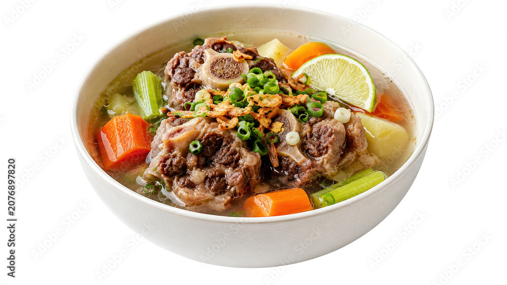 Fototapeta premium Oxtail Soup with Vegetables in a Bowl on Transparent Background