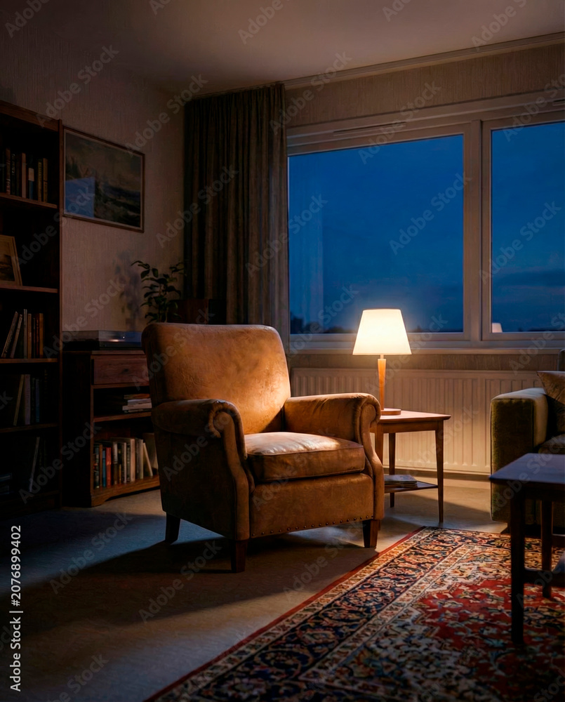 Fototapeta premium Warm armchair and glowing table lamp by blue evening window in quiet interior photography for home comfort [copy space]