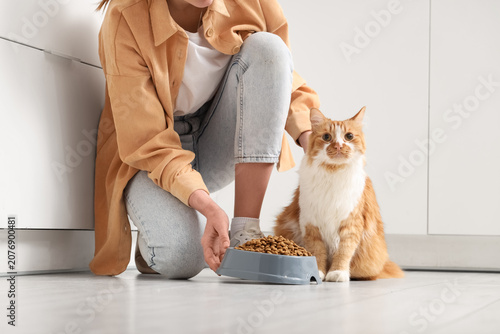 Принти на полотні Young woman with food bowl feeding her cute cat in kitchen