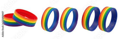 Set and Collection of vibrant rainbow ring isolated on white transparent png background.