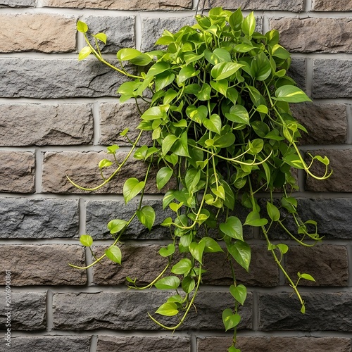 Fresh green ivy plant growing on stone wall.