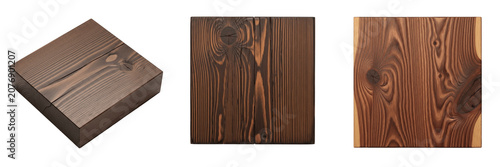 Set and Collection of dark brown wood texture isolated on white transparent png background.