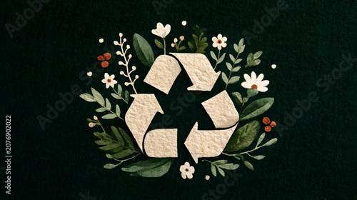 Eco-Friendly Recycle Symbol Surrounded by Nature-Inspired Floral Elements on Dark Background for Sustainable Living Concepts