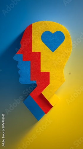 Colorful Geometric Human Head Silhouette with Heart on Vibrant Yellow and Blue Background for Mental Health and Emotional Intelligence