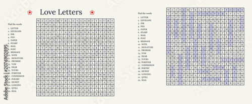Word search puzzle featuring love-themed words on a cream background