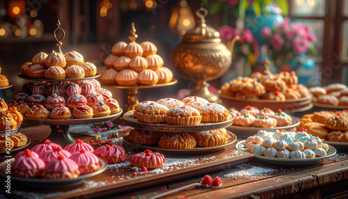 Assorted elegant pastries and colorful cakes on tiered display stands