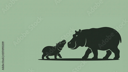 A minimalist black silhouette of an adult hippopotamus and calf facing each other against a muted green background with ample copy space.