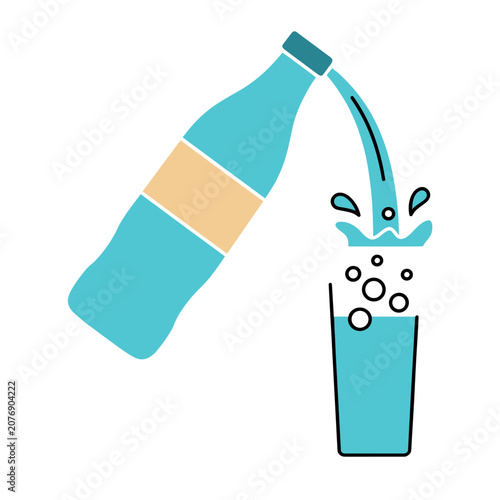 Flat vector illustration of water bottle pouring into glass