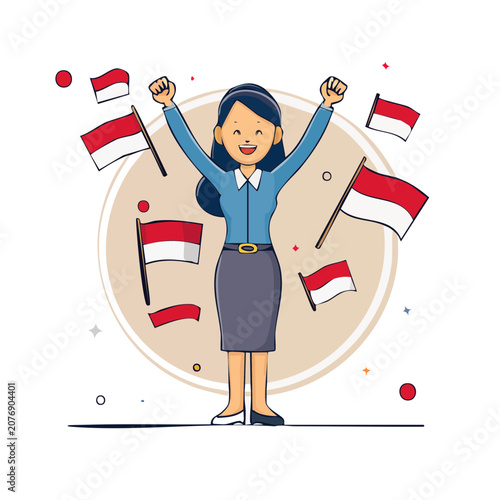 Woman celebrating with raised arms and flags