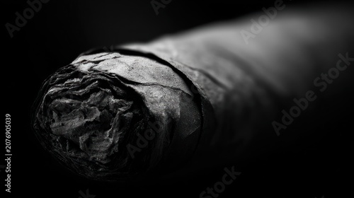 Close up black and white image of a cigar with texture and details