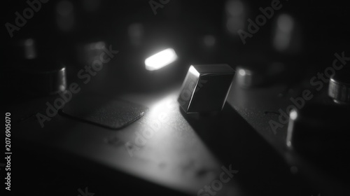 Close up of a dark control panel with illuminated buttons and surface