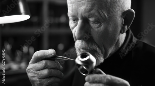 Elderly man examines pipe in black and white close up indoor setting