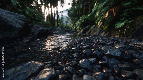 Dark river stones line a winding jungle stream, reflecting dappled sunlight in a lush natural environment.