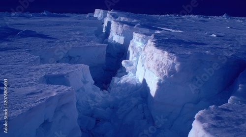 Deep Fissure Cutting Through a Vast Glacier Landscape Under Blue Sky