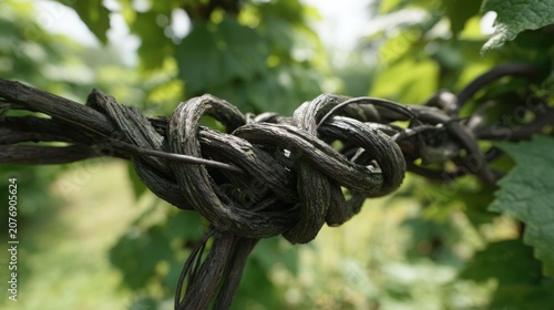 Intricately Twisted Dark Grey Vines Forming a Natural Organic Pattern Amidst Green Foliage